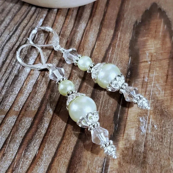 Lt Yellow Green Glass Pearl Sterling Silver Plate Handcrafted Dangle Earrings - Picture 5 of 11